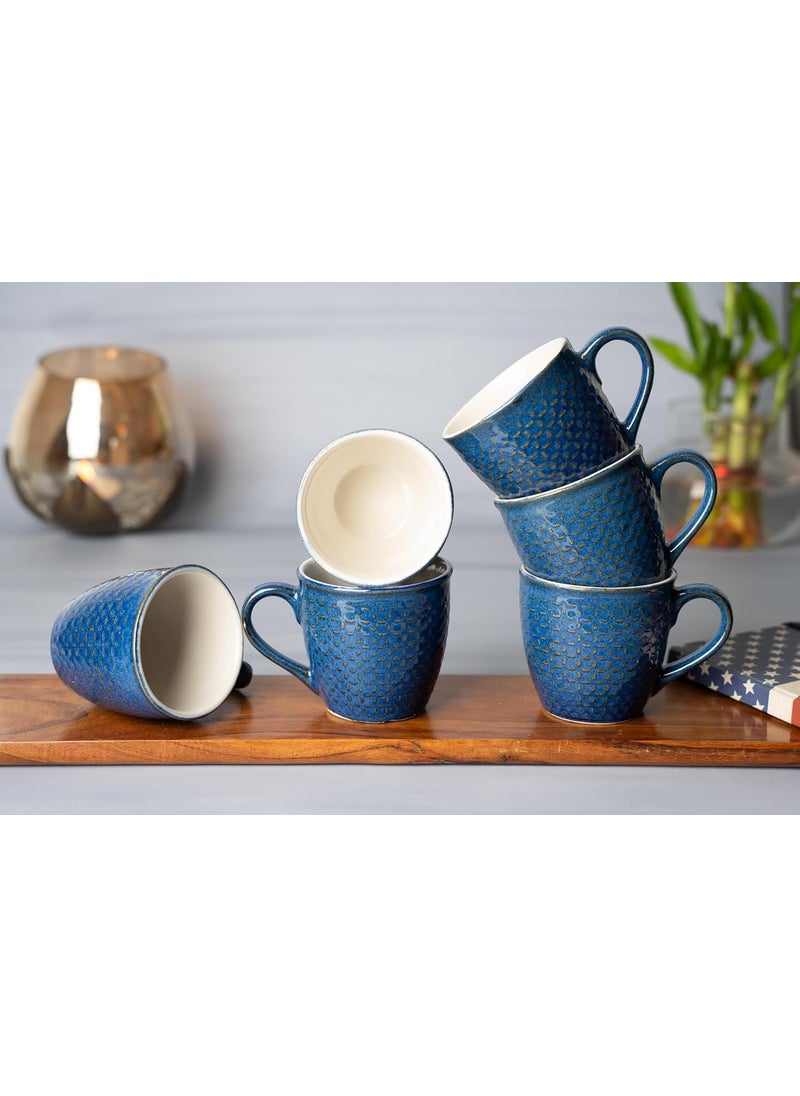 CHEENI MAATI Tea Coffee Cup Chai Mug Serving Set Print Ceramic Clay Solid Blue Microwave Dishwasher Safe Standard Size for Daily Use Gifted on Any Occasion Set of 6 150 ML Capacity