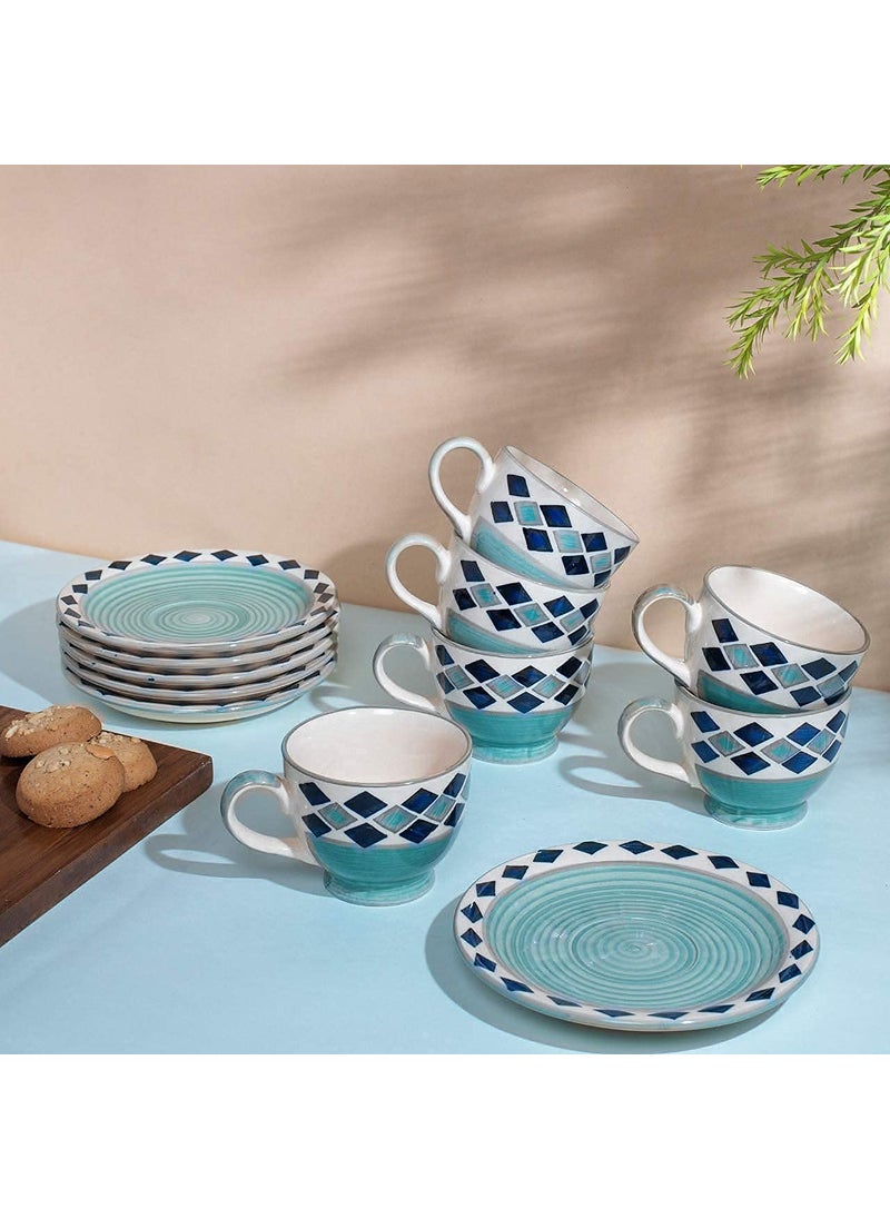 HS HINDUSTANI SAUDAGAR Hand Painted Ceramic Green Diamond Design Cups Saucers Set of 12 6 Cups 6 Saucers