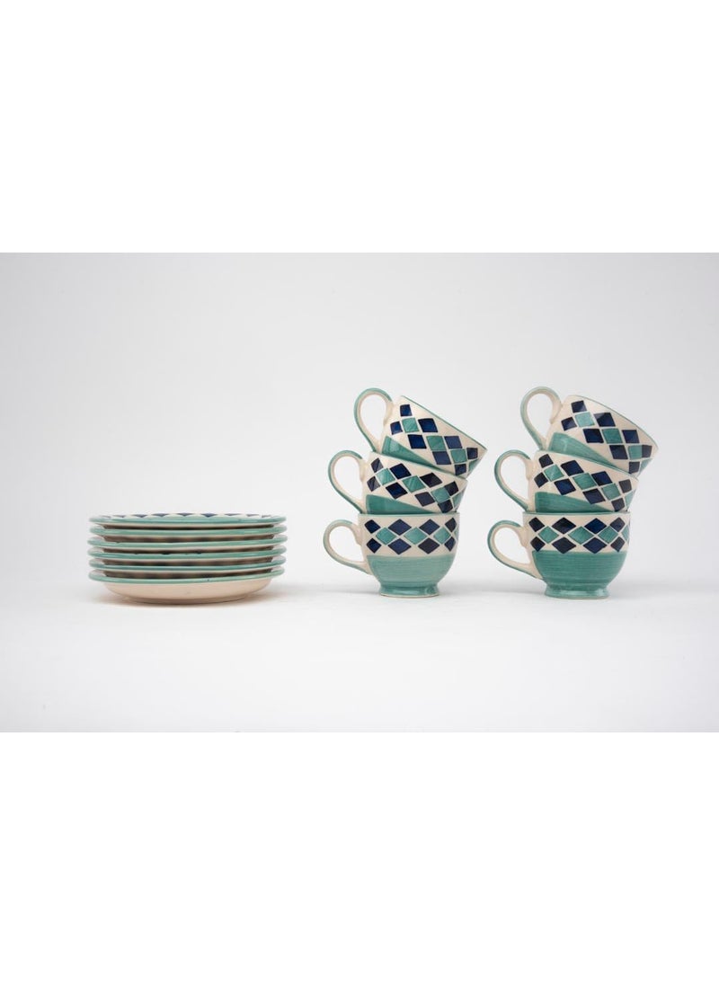 HS HINDUSTANI SAUDAGAR Hand Painted Ceramic Green Diamond Design Cups Saucers Set of 12 6 Cups 6 Saucers