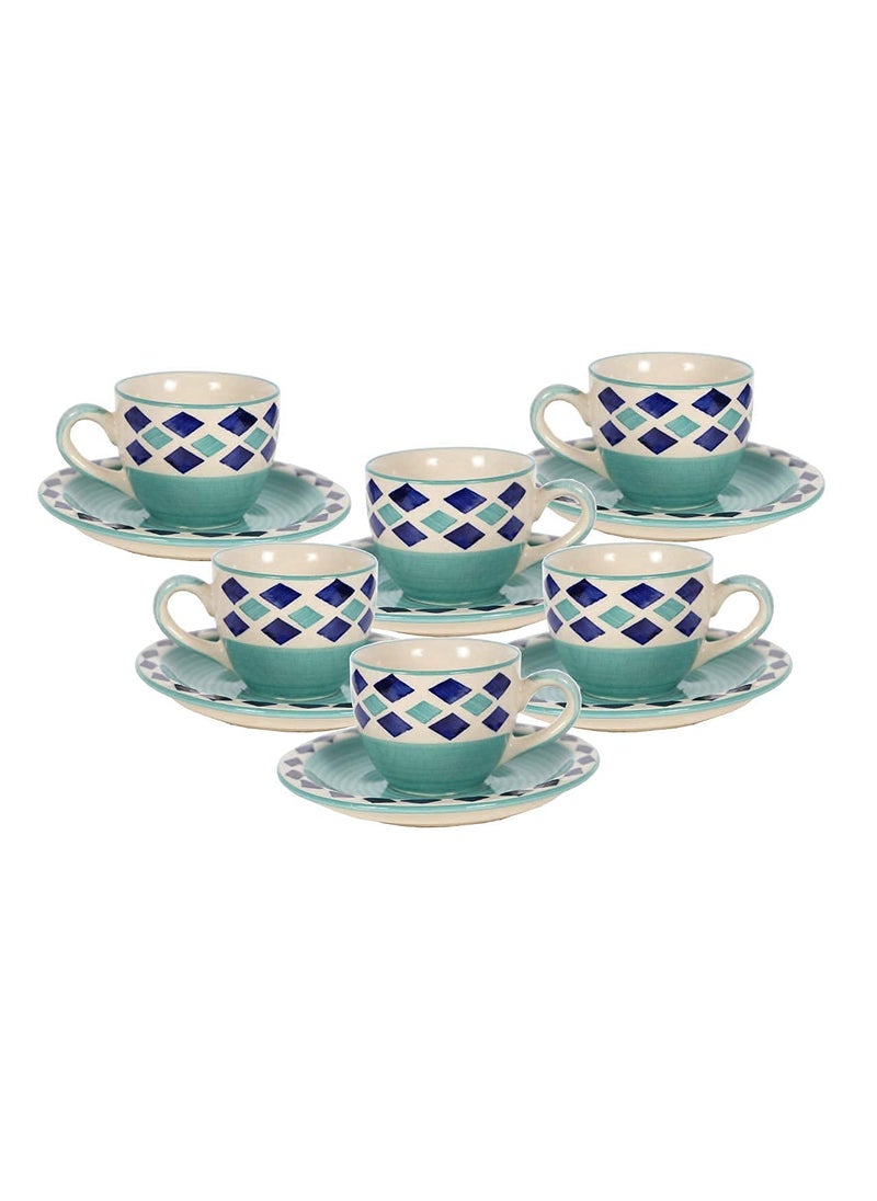 HS HINDUSTANI SAUDAGAR Hand Painted Ceramic Green Diamond Design Cups Saucers Set of 12 6 Cups 6 Saucers