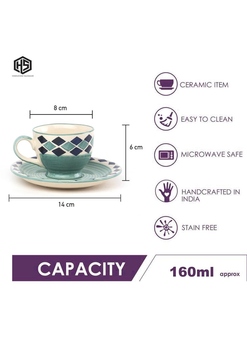 HS HINDUSTANI SAUDAGAR Hand Painted Ceramic Green Diamond Design Cups Saucers Set of 12 6 Cups 6 Saucers