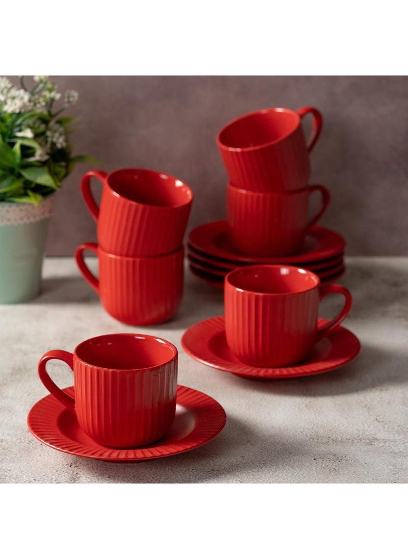 Clay Craft Fine Ceramic Linea Red Cups Saucer Set of 12 Cups for Tea Coffee Gift Set Elegant Design for Home and Kitchen and Can Be Gifted to Your Loved Ones On Any Occassions