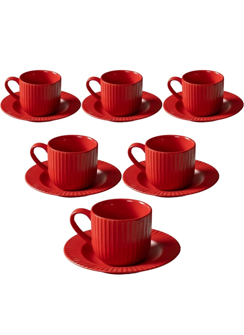 Clay Craft Fine Ceramic Linea Red Cups Saucer Set of 12 Cups for Tea Coffee Gift Set Elegant Design for Home and Kitchen and Can Be Gifted to Your Loved Ones On Any Occassions
