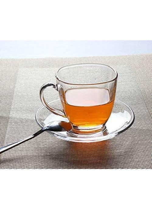 Sazoli Glass Tea Coffee Cup and Saucer Set of 6 Cups and Saucer Set for Espresso Cappuccino Coffee Green Tea Tea Cup with Saucer Set 200 ML Transparent