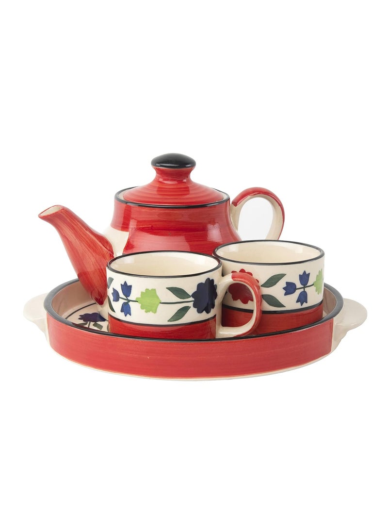 HS HINDUSTANI SAUDAGAR Microwave Safe Hand Made Painted Ceramic Tea Set With Kettle And 2 Cup Capacity Of 1500ml Red Colour