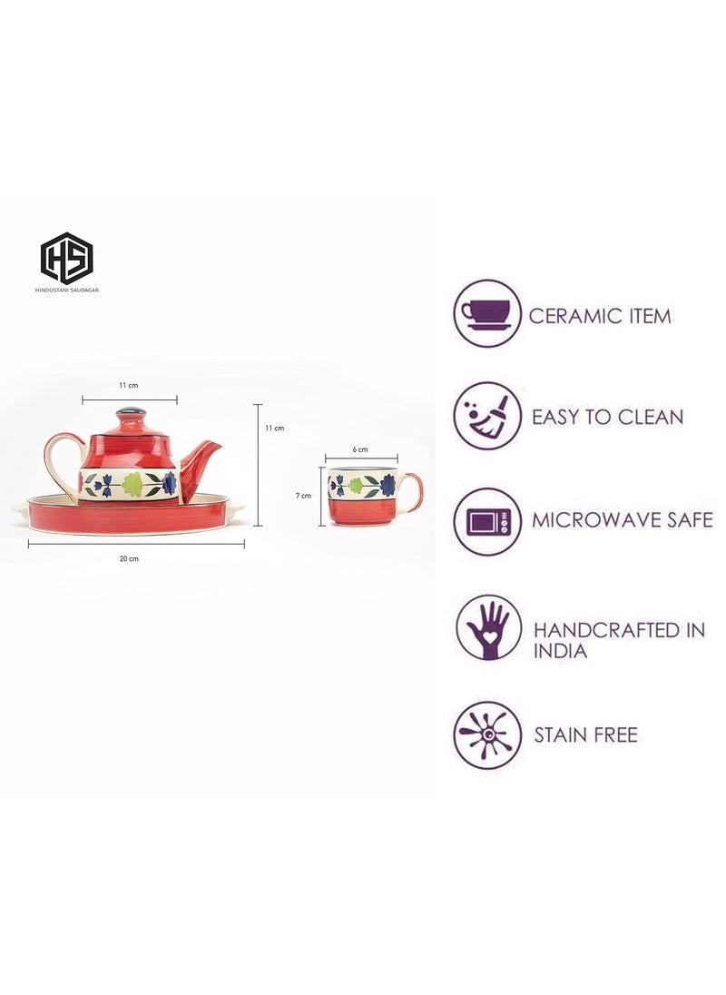 HS HINDUSTANI SAUDAGAR Microwave Safe Hand Made Painted Ceramic Tea Set With Kettle And 2 Cup Capacity Of 1500ml Red Colour