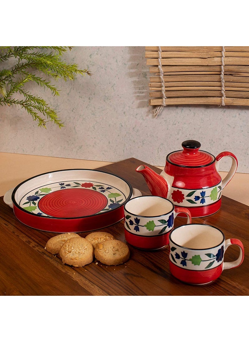 HS HINDUSTANI SAUDAGAR Microwave Safe Hand Made Painted Ceramic Tea Set With Kettle And 2 Cup Capacity Of 1500ml Red Colour