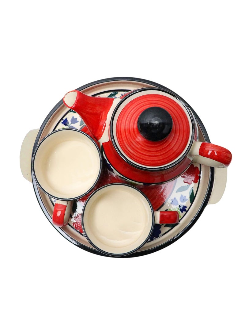 HS HINDUSTANI SAUDAGAR Microwave Safe Hand Made Painted Ceramic Tea Set With Kettle And 2 Cup Capacity Of 1500ml Red Colour