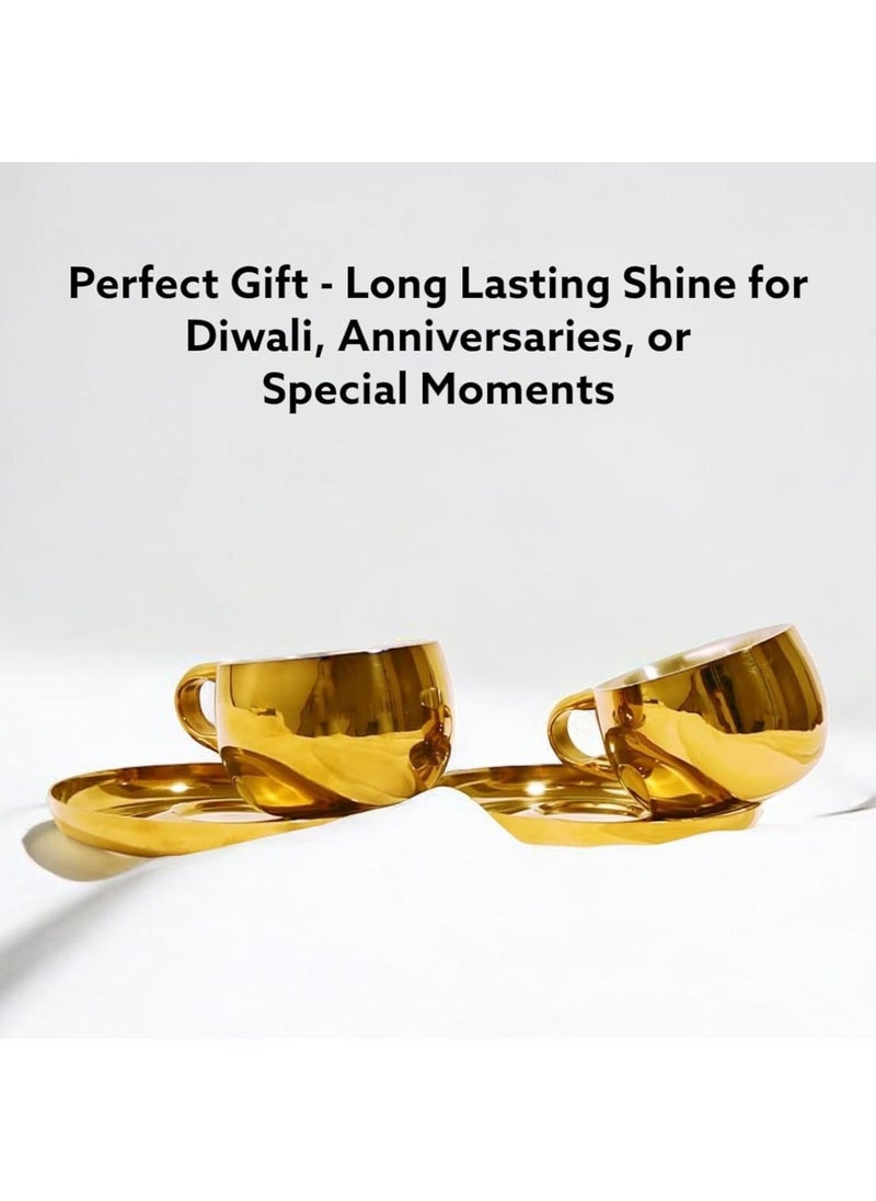 Exclusivish Tea Cups with Saucers Set of 2 Stainless Steel Double Walled PVD Gold Tea Set 100 Food Grade NonToxic AntiRust Dishwasher Safe Coffee Mug Perfect Gifting for All Occasions