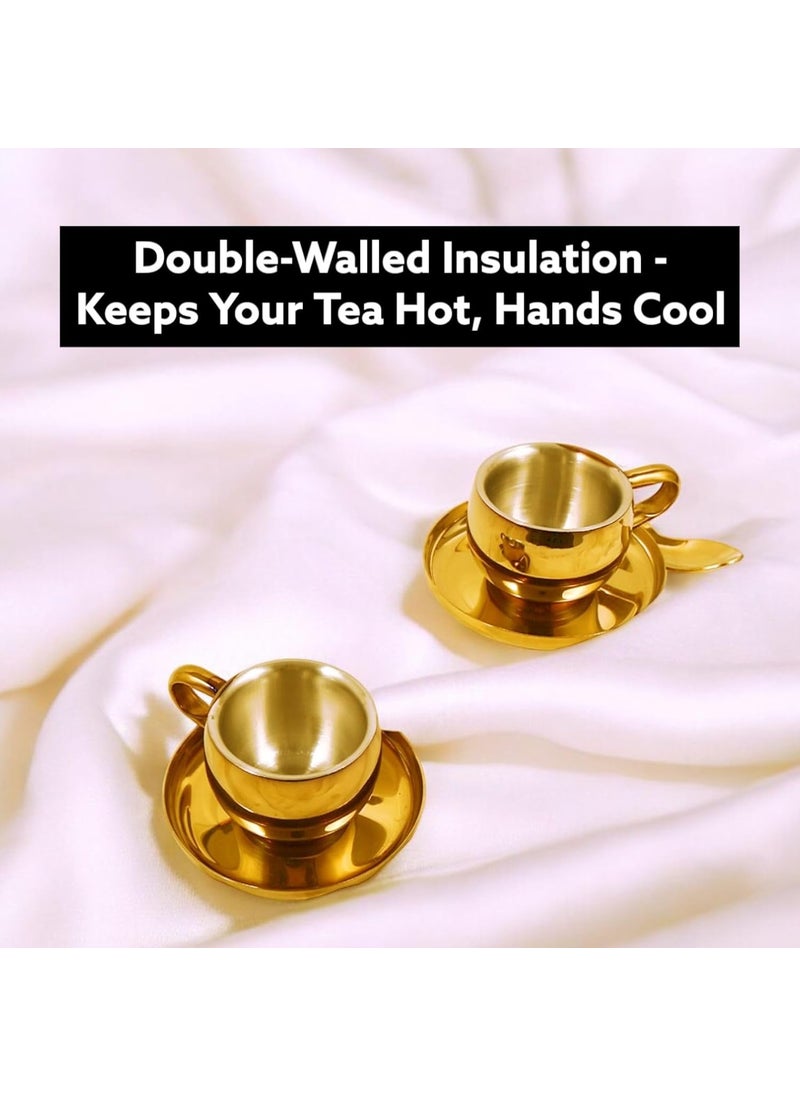 Exclusivish Tea Cups with Saucers Set of 2 Stainless Steel Double Walled PVD Gold Tea Set 100 Food Grade NonToxic AntiRust Dishwasher Safe Coffee Mug Perfect Gifting for All Occasions