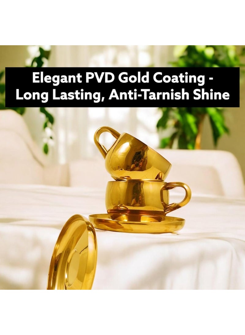 Exclusivish Tea Cups with Saucers Set of 2 Stainless Steel Double Walled PVD Gold Tea Set 100 Food Grade NonToxic AntiRust Dishwasher Safe Coffee Mug Perfect Gifting for All Occasions