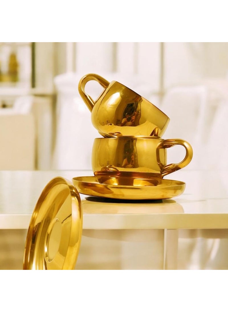 Exclusivish Tea Cups with Saucers Set of 2 Stainless Steel Double Walled PVD Gold Tea Set 100 Food Grade NonToxic AntiRust Dishwasher Safe Coffee Mug Perfect Gifting for All Occasions