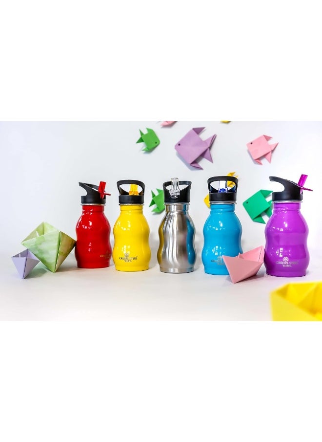 Greens Steel Kids Stainless Water Bottle - Leak Proof with Flip Top Sports Cap & Straw - Toddler Child Friendly Cup
