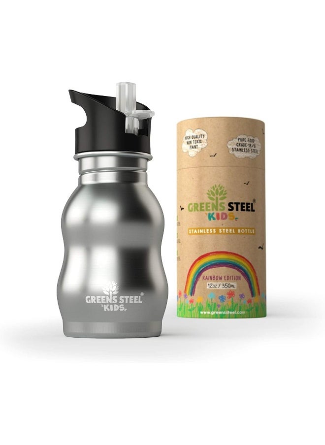 Greens Steel Kids Stainless Water Bottle - Leak Proof with Flip Top Sports Cap & Straw - Toddler Child Friendly Cup