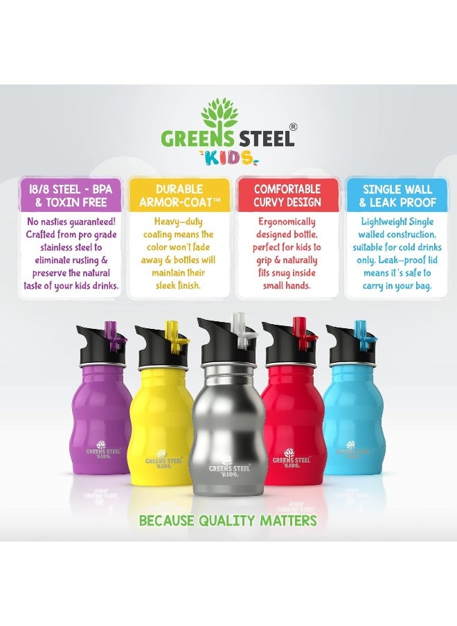 Greens Steel Kids Stainless Water Bottle - Leak Proof with Flip Top Sports Cap & Straw - Toddler Child Friendly Cup