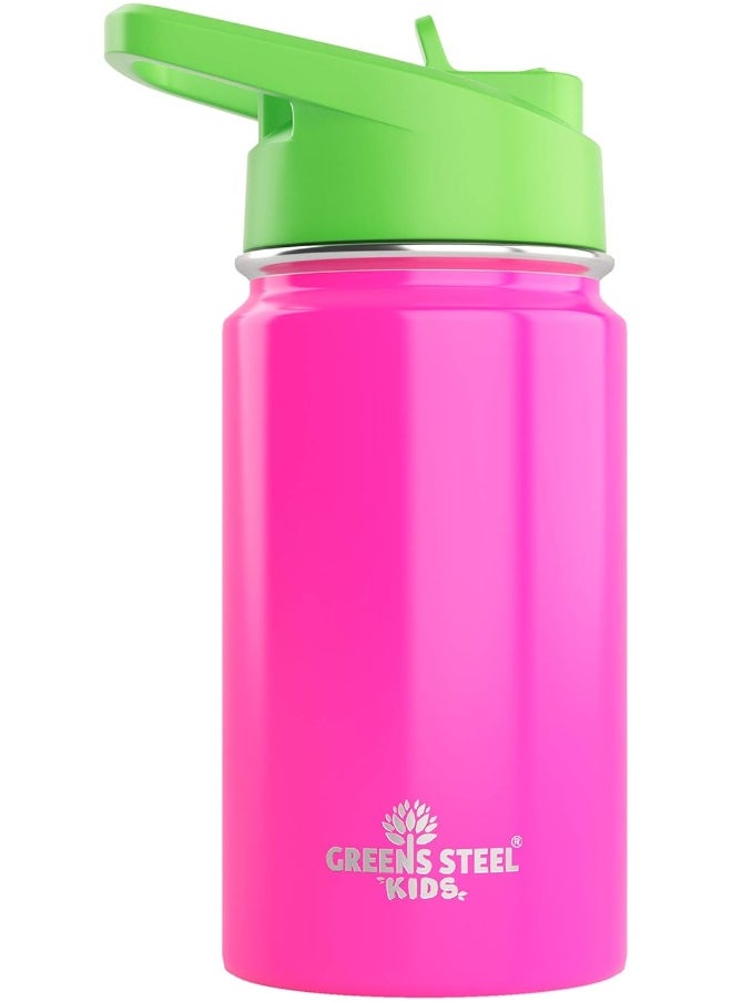 Kids Water Bottle - 12oz Pink | Leak Proof With Straw & Handle | 24 Hours Cold | Insulated, Double Wall Stainless Steel | Easy Sip Toddler Cup | Child's Flask | Eco Friendly