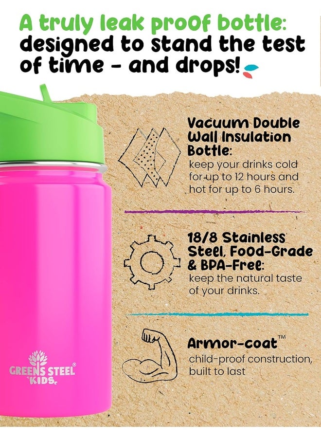 Kids Water Bottle - 12oz Pink | Leak Proof With Straw & Handle | 24 Hours Cold | Insulated, Double Wall Stainless Steel | Easy Sip Toddler Cup | Child's Flask | Eco Friendly