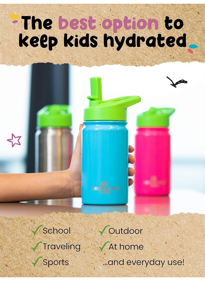 Kids Water Bottle - 12oz Pink | Leak Proof With Straw & Handle | 24 Hours Cold | Insulated, Double Wall Stainless Steel | Easy Sip Toddler Cup | Child's Flask | Eco Friendly