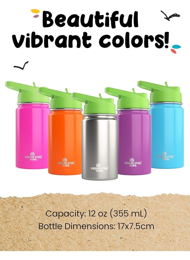 Kids Water Bottle - 12oz Pink | Leak Proof With Straw & Handle | 24 Hours Cold | Insulated, Double Wall Stainless Steel | Easy Sip Toddler Cup | Child's Flask | Eco Friendly