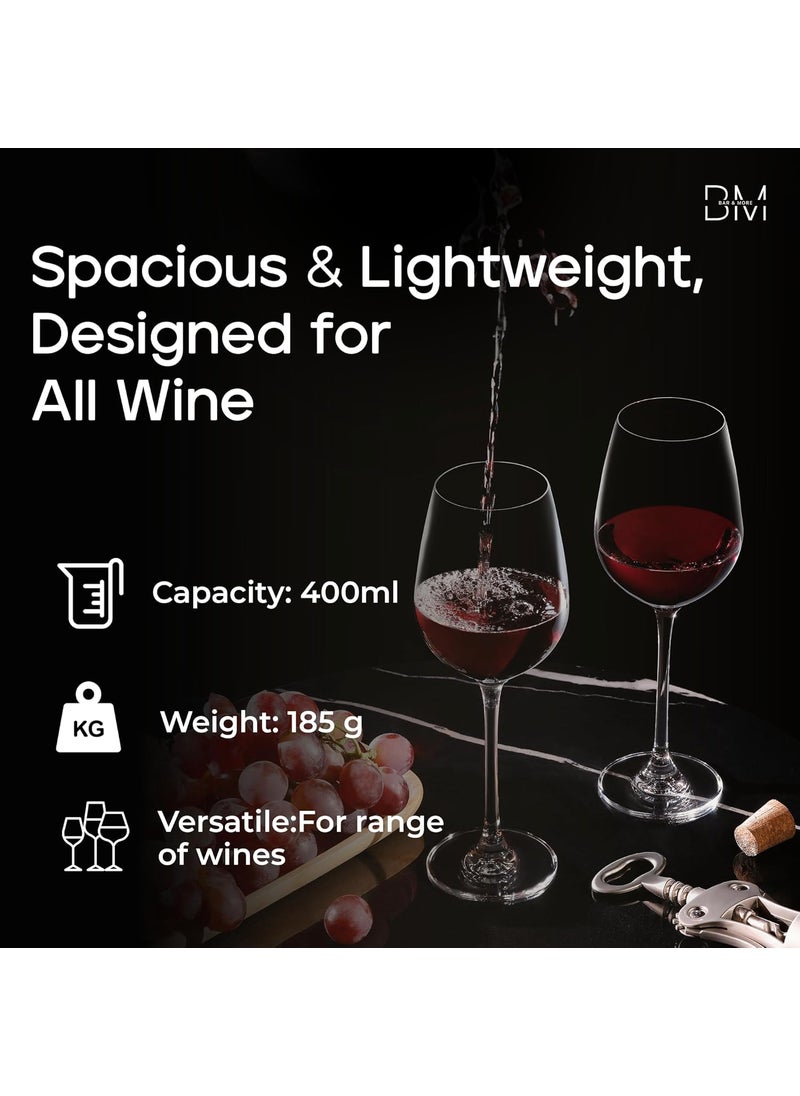 Bar More Nova Wine Glasses Pack of 4 400ml 190g Elegant Strong Stem 100 LeadFree Material Laser Cut Rim Crystal Clear Stable Base Wide Bowl Suitable for All Occasions