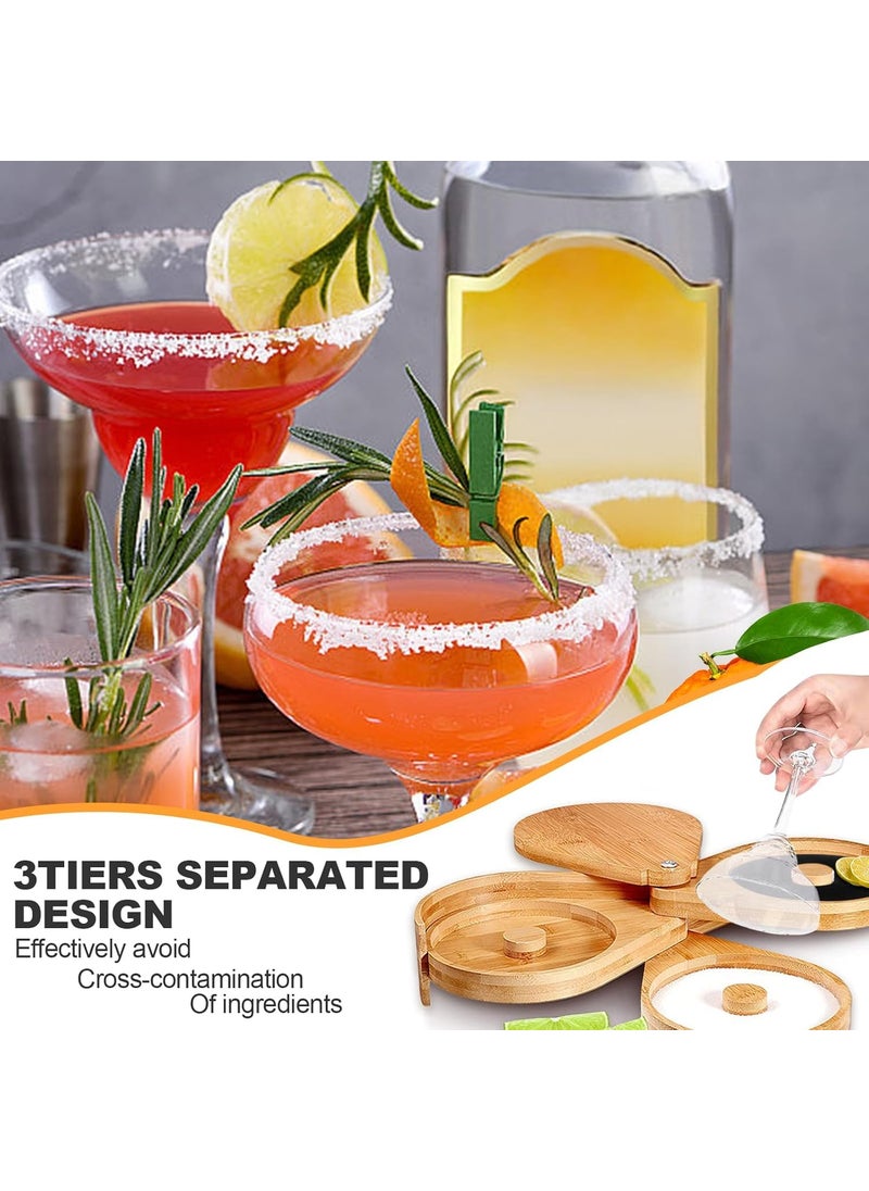 ProKitchen Wooden Margarita Salt Rimmer 3 Tier Bar Glass Rimmer with Lid and 3 Sponges Salt and Sugar for Margarita Bar Glass Rimmer for Salt Sugar Lemon Slices Wooden 3 Tier Bar Glass Rimmer