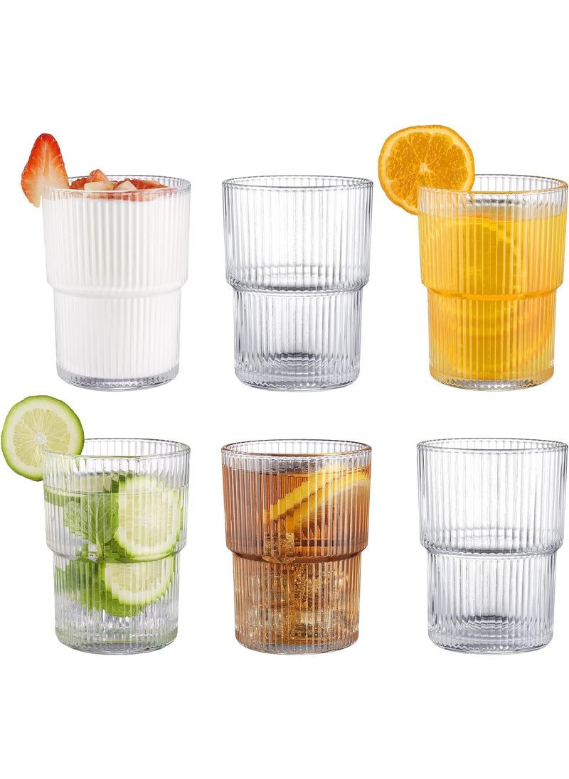 SKDBPM Water Glass Set of 6 Ribbed Drinking Glasses Heavy Base Durable Glass Cups for Juice Wine Beer Cocktails and Mixed Drinks Ribbed