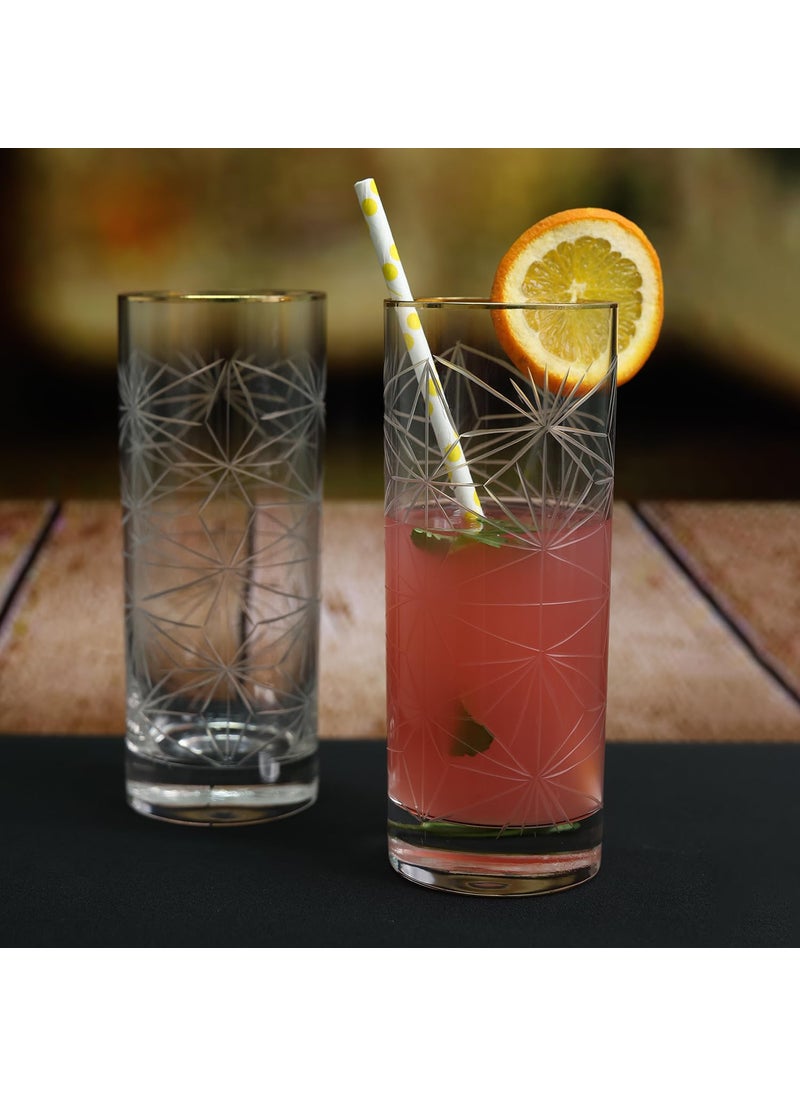 SMOKEY COCKTAIL Opulent Gold Rim Tall Glass Set of 2 for Drinking Water Beer Soda Fresh Juice Wine Beer Cocktails and Mixed Drinks