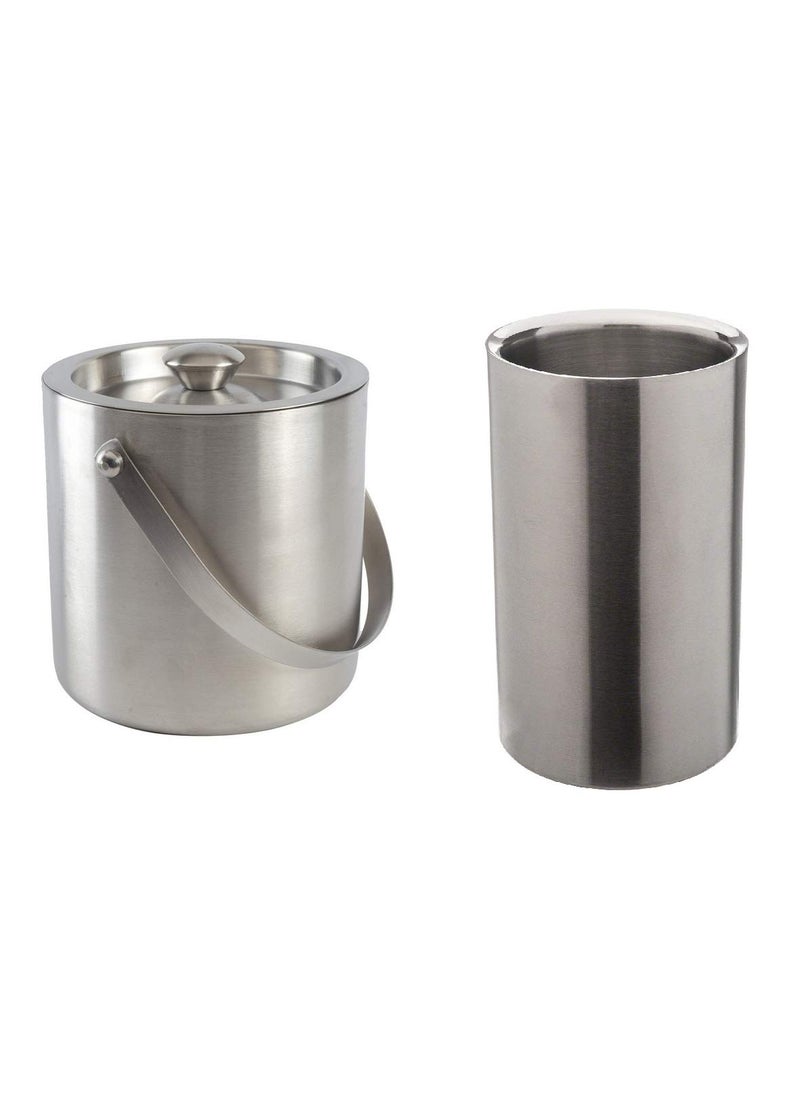 Dynore Stainless Steel Double Wall Ice Bucket 1500 ml with Wine Cooler 800 ml Set of 2