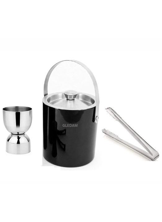 GLEDAM 15 Litre Double Walled Anti Rust Stainless Steel Insulated Black Ice Bucket with Silver LidIce Tong Japanese Jigger Keeps Ice Cold for 8 h Home and Party Bar AccessoriesSet of 3 Pcs