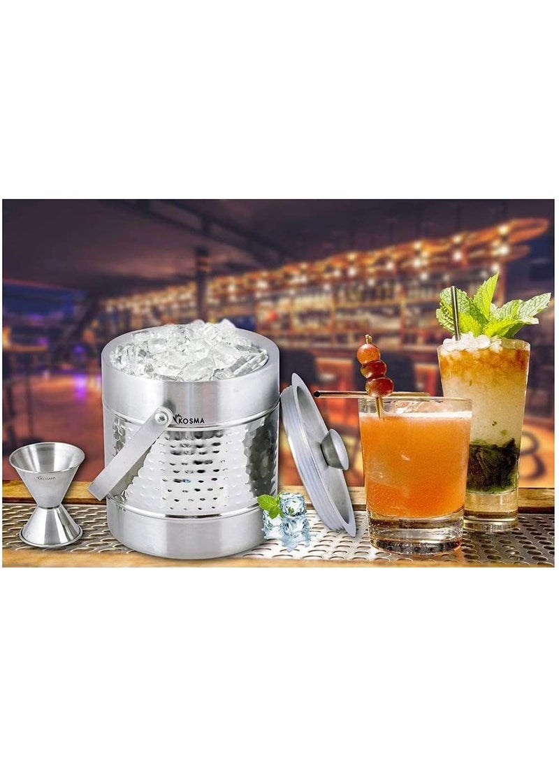 Kosma Designer Double Wall Stainless Steel Ice Bucket 15 Litre with Jigger and Ice Tongs Ice Cube Bucket Hammered Finish