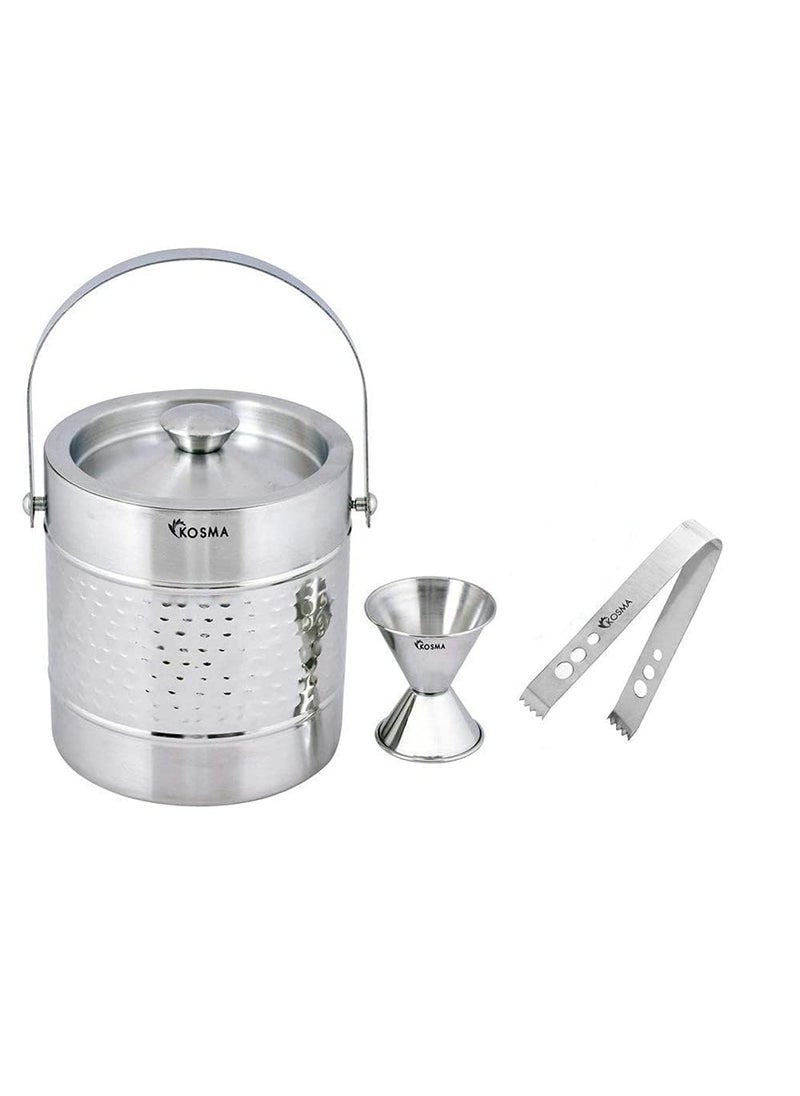Kosma Designer Double Wall Stainless Steel Ice Bucket 15 Litre with Jigger and Ice Tongs Ice Cube Bucket Hammered Finish