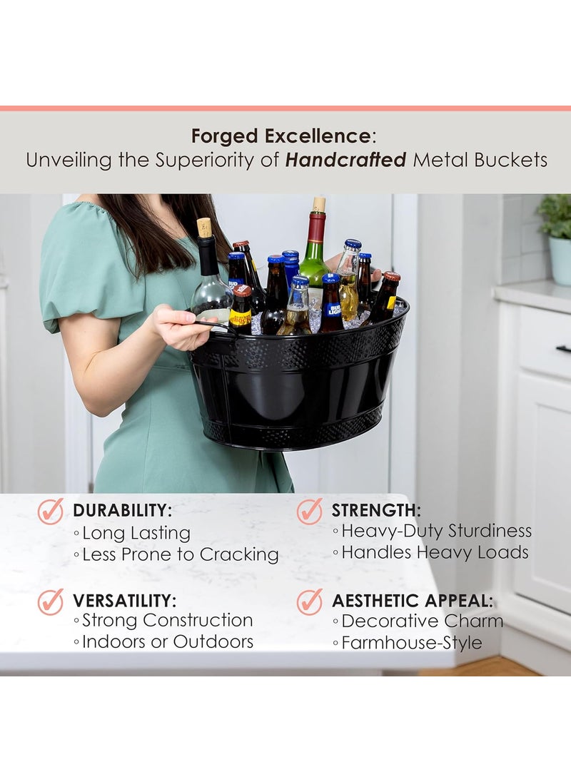 BREKX Colt Black Galvanized Beverage Tub with Handles 16Bottle Metal Bucket Ice Cooler to Chill Drinks Oval Metal Basket for Drinks or Storage Bin 15 Quarts 4 Gallon