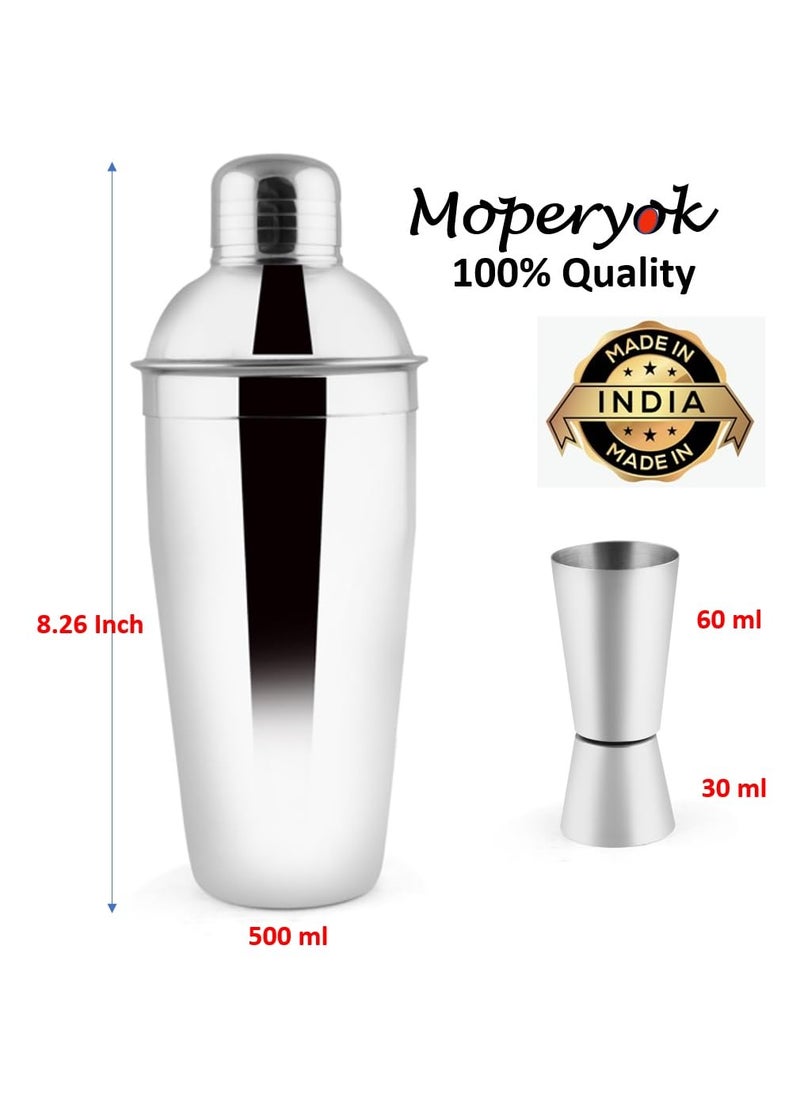 MOPERYOK 3 Piece Deluxe Bar Set 500 ml Mirror Finish Cocktail Shaker with Peg Measure Pourer Anti Rust Food Grade Stainless Steel Inbuilt Strainer
