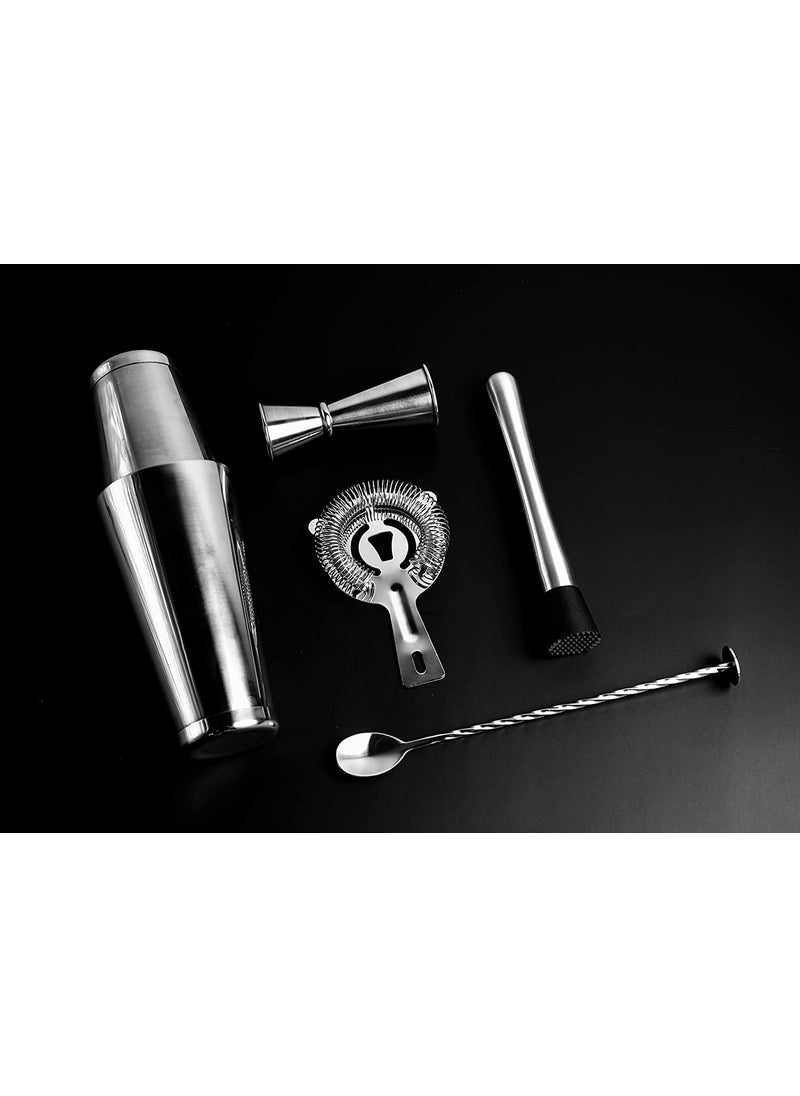 finality Stainless Steel 6Piece Bar Tool Set with Boston Shaker Peg Measure 3060 Muddler Bar Strainer and Bar Spoon Silver Color