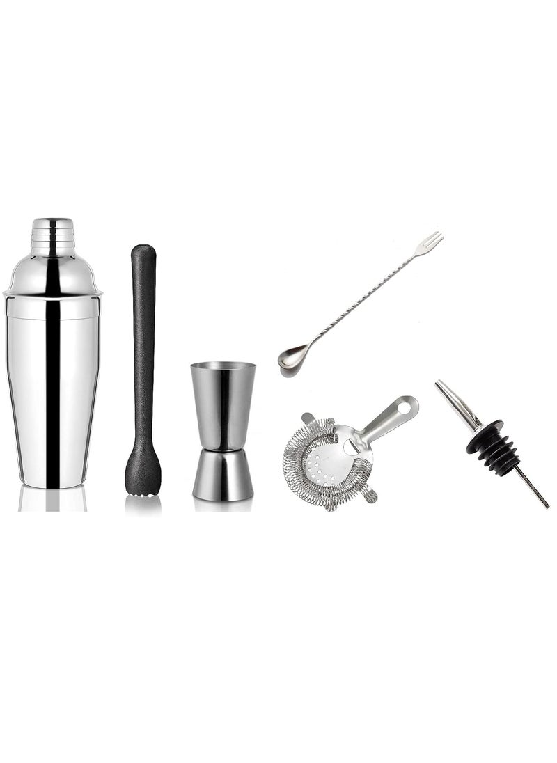 Dynore Stainless Steel 6 Pcs Multiutility Bar SetBar Accessories Fork Bar Spoon Delux Cocktail Shaker 750 ml Black PVC Muddler Cocktail Strainer Tall Peg Measure 3060 ml 1 Pour Spout