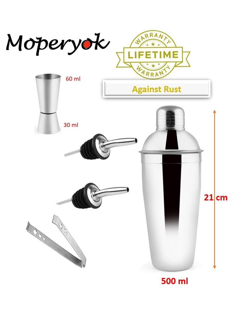 MOPERYOK 5 Piece Deluxe Bar Set 500 ml Mirror Finish Cocktail Shaker with Peg Measure Pourer Ice Tong Anti Rust Food Grade Stainless Steel Inbuilt Strainer