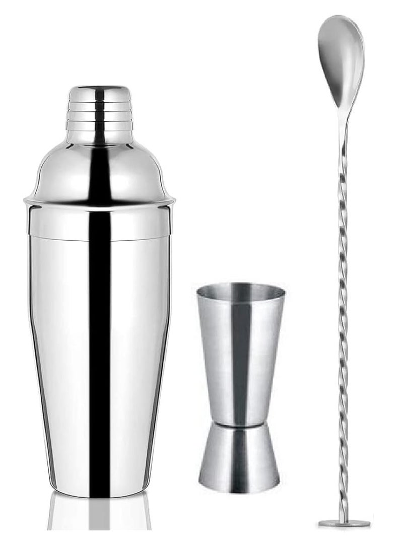 Dynore Stainless Steel 3 Pcs Professional Barware Set Cocktail Shaker 750 3060 Peg Measure and Mixing Stirrer