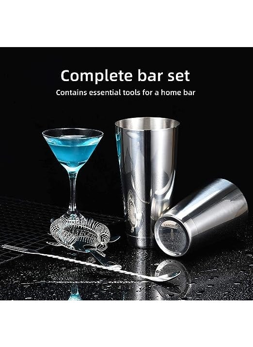Ranart Boston Shaker Kit 28oz and 18oz Boston Shaker with Hawthorne Strainer Double Peg Measurer 30 and 60 ml Jigger and Bar Spoon for Drink Mixer Bartending 5 Pcs