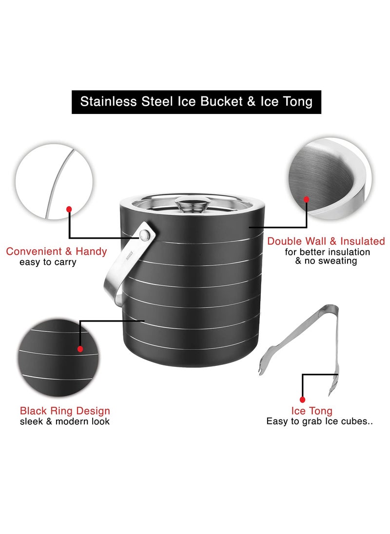 Steren Impex Stainless Steel 3 Piece Black Ring Bar Set for DrinkGift Double Wall Ice Bucket Tong Peg Measure