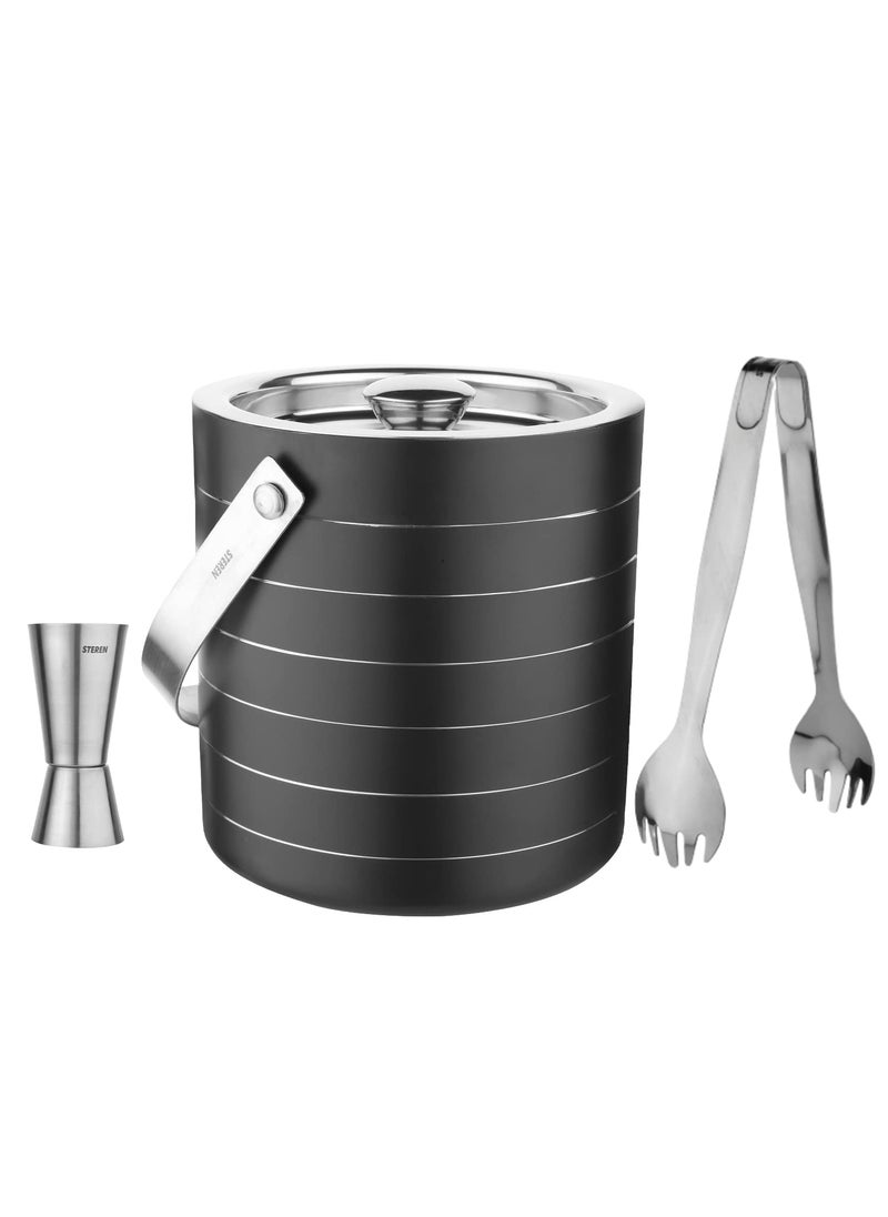 Steren Impex Stainless Steel 3 Piece Black Ring Bar Set for DrinkGift Double Wall Ice Bucket Tong Peg Measure
