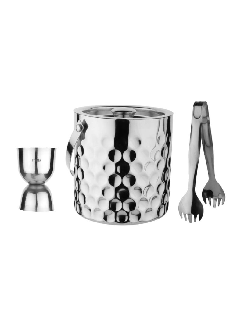 Steren Impex Stainless Steel 3 Piece Coin Design Bar Set for DrinkGift Double Wall Ice Bucket Tong Peg Measure