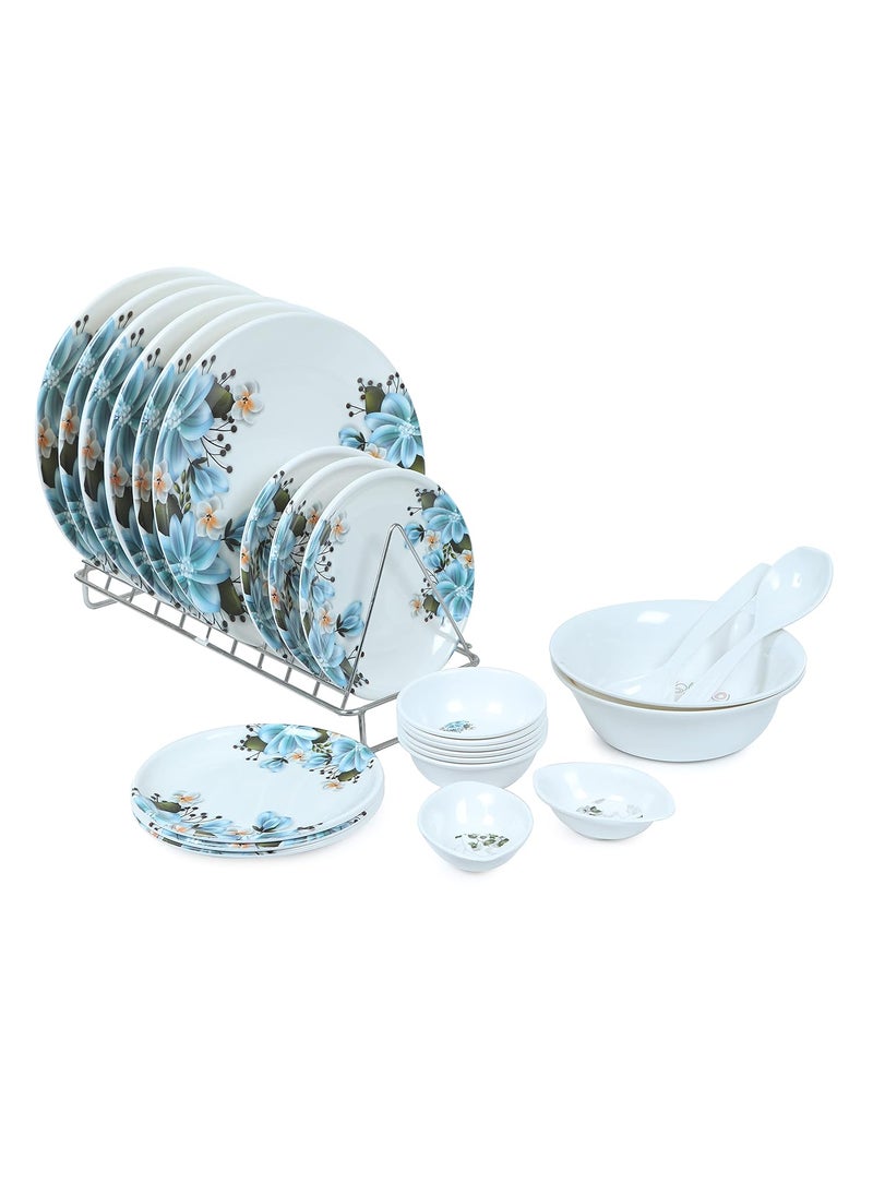 Golden Fish Melamine Floral Printed Full Size DinnerDining Set Pack of 24 PcsWhite Blue