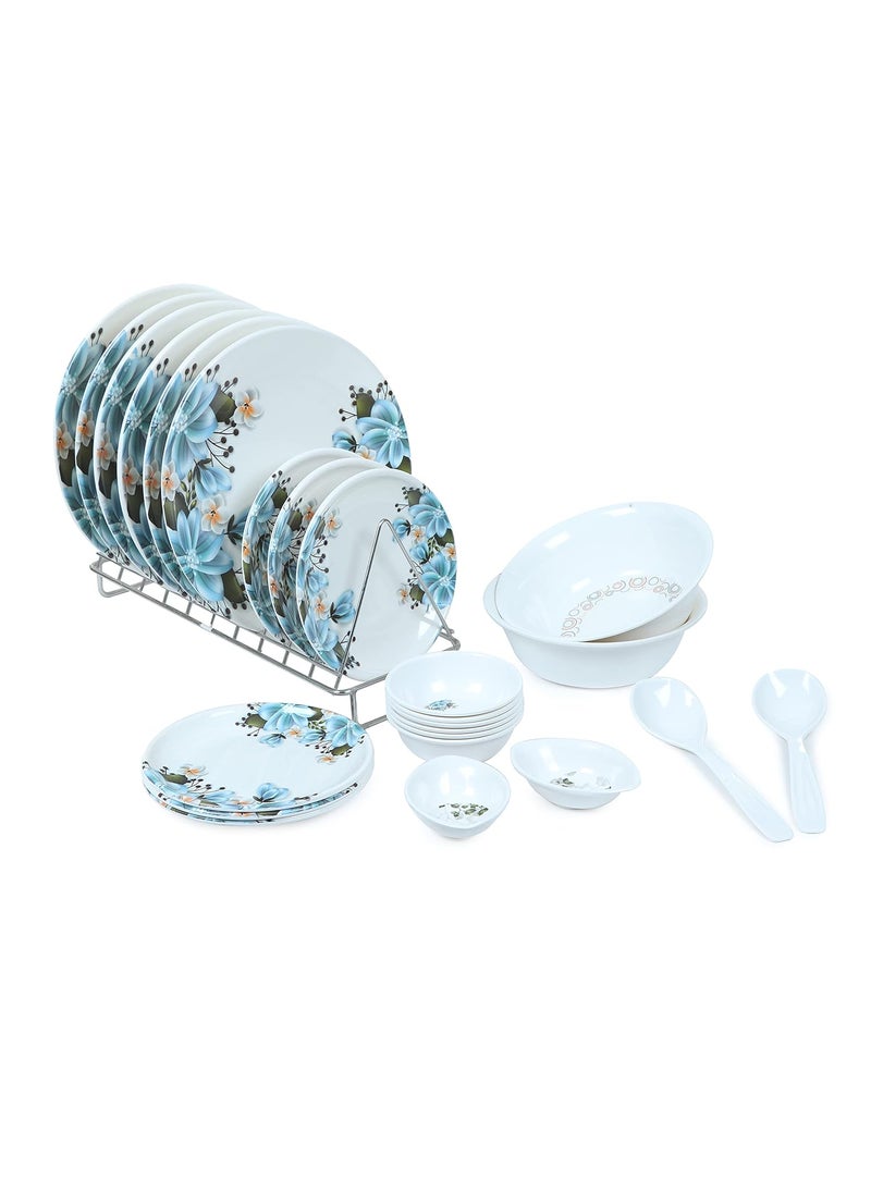 Golden Fish Melamine Floral Printed Full Size DinnerDining Set Pack of 24 PcsWhite Blue