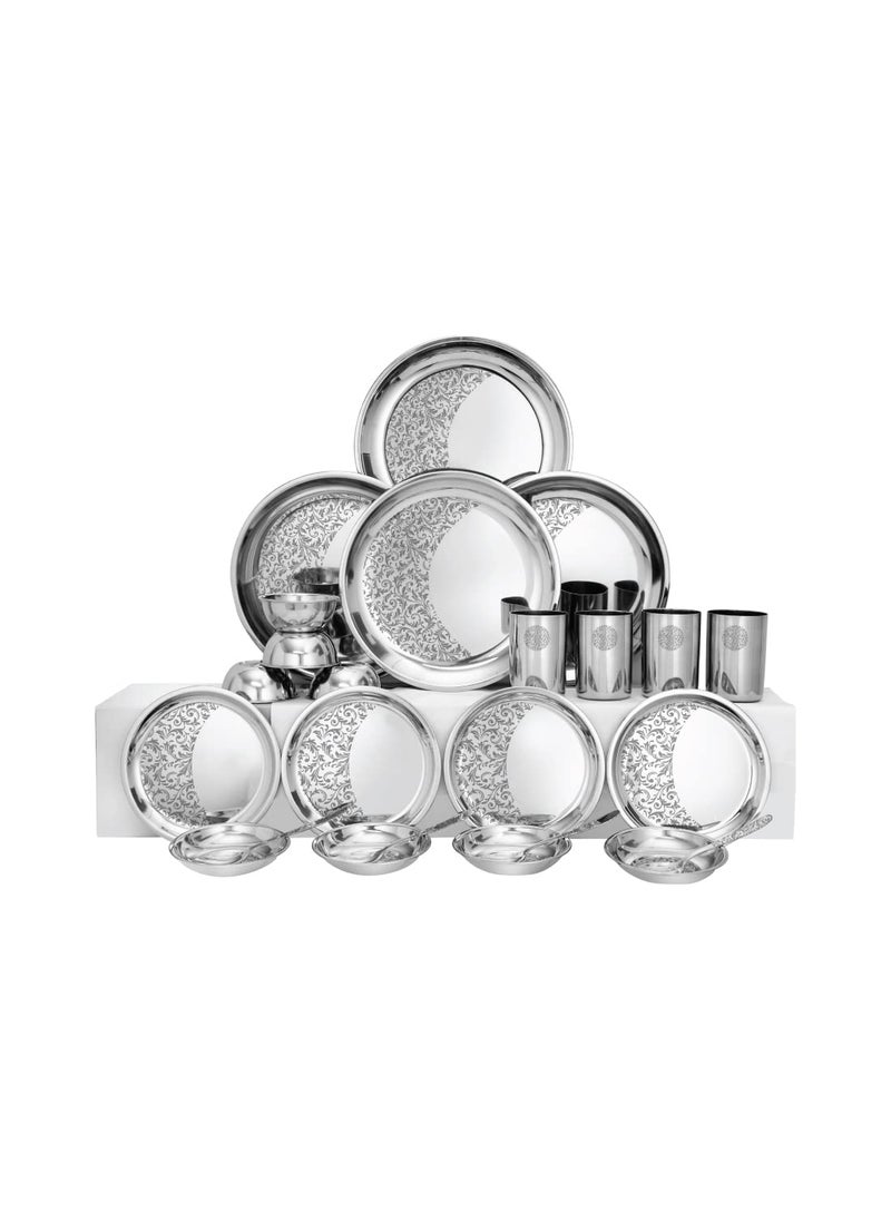 Shri Sam Designer Stainless Steel Delight Laser Bloom Leaf Dinner Set 24 Pieces