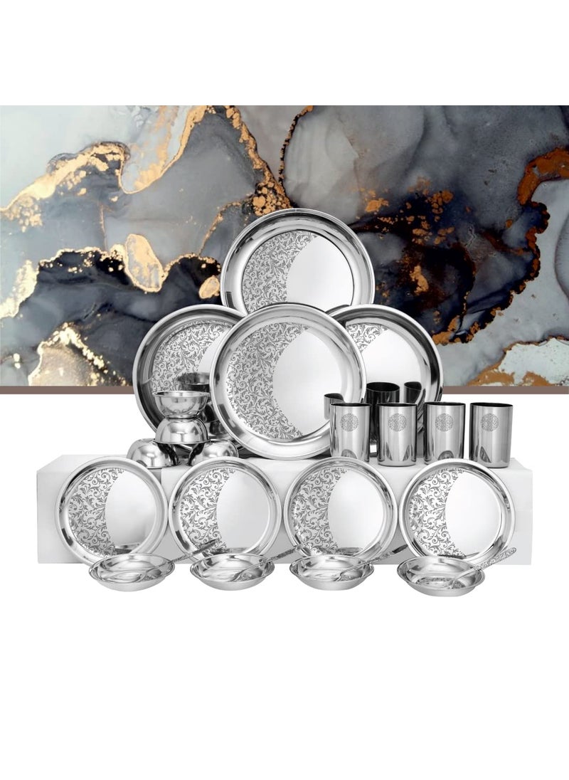 Shri Sam Designer Stainless Steel Delight Laser Bloom Leaf Dinner Set 24 Pieces