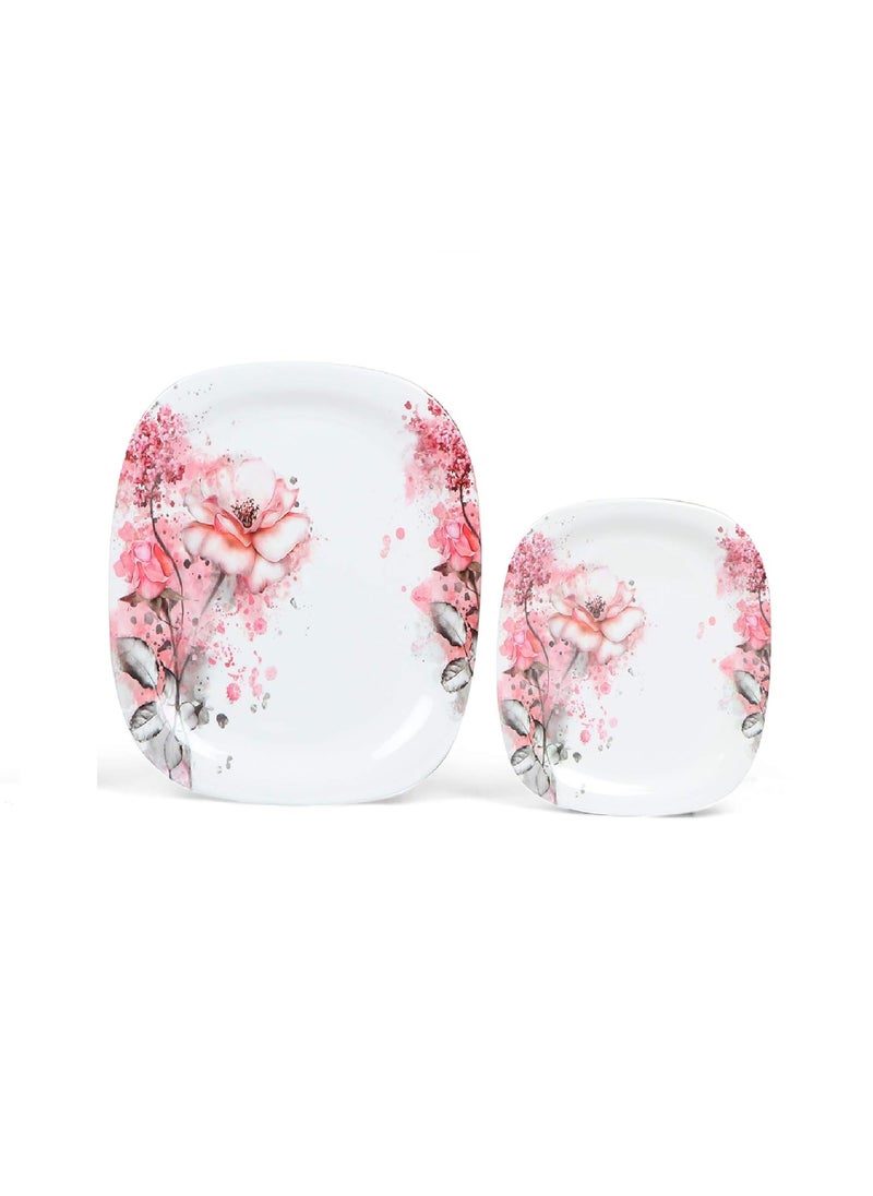 Golden Fish White Base Floral Printed Melamine Full Size Square Dinner Plate11 Inch Veg Bowl Quarter Plates7 Inch Mini Dining Set Set of 18