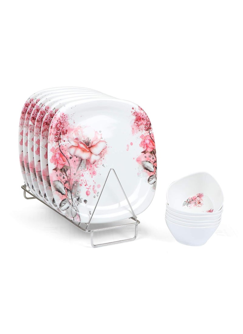 Golden Fish White Base Floral Printed Melamine Full Size Square Dinner Plate11 Inch Veg Bowl Quarter Plates7 Inch Mini Dining Set Set of 18
