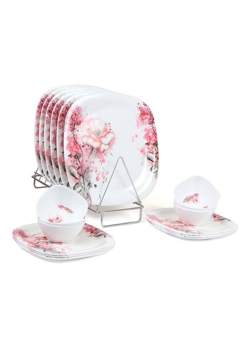 Golden Fish White Base Floral Printed Melamine Full Size Square Dinner Plate11 Inch Veg Bowl Quarter Plates7 Inch Mini Dining Set Set of 18