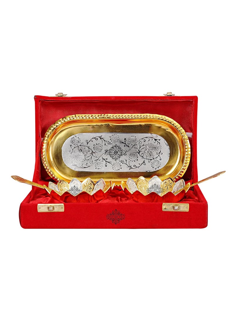 INDIAN ART VILLA Lotus Design Silver Gold Plated Set of 2 Bowl with 2 Spoon 1 Tray Serveware Tableware Diwali Gift Set 300 ml