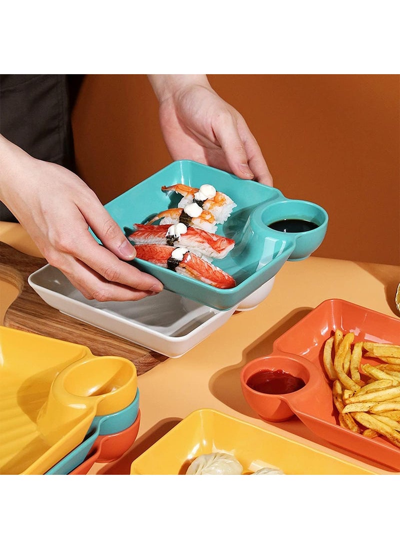 OLWICK Plastic Plates with Sauce Compartment Serving Plates Dumpling Plate Seasoning Dish Snack Dish Sauce Plate for Home and Kitchen Pack of 8 Green